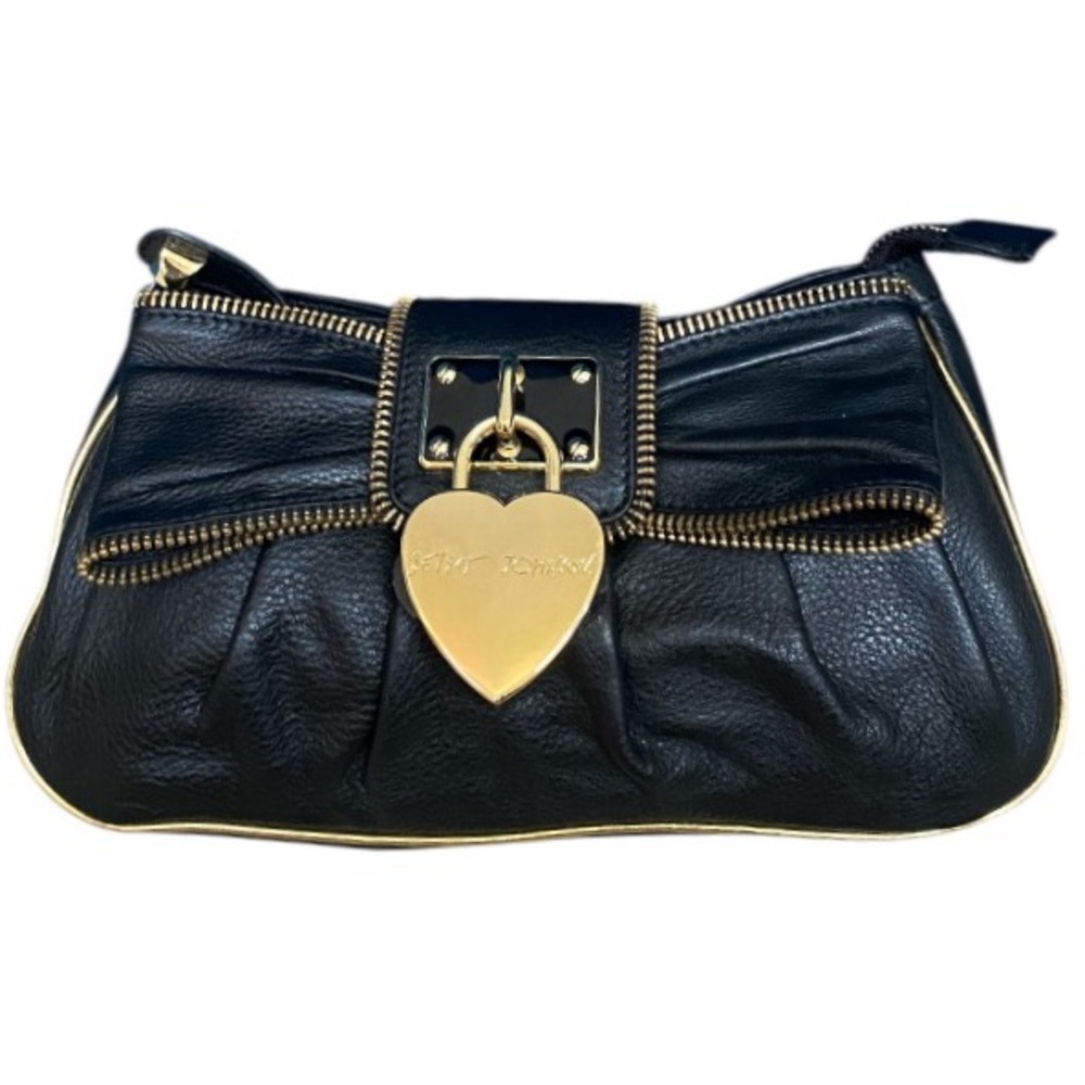 Betsy Johnson Y2K zip bow lock in love leather clutch